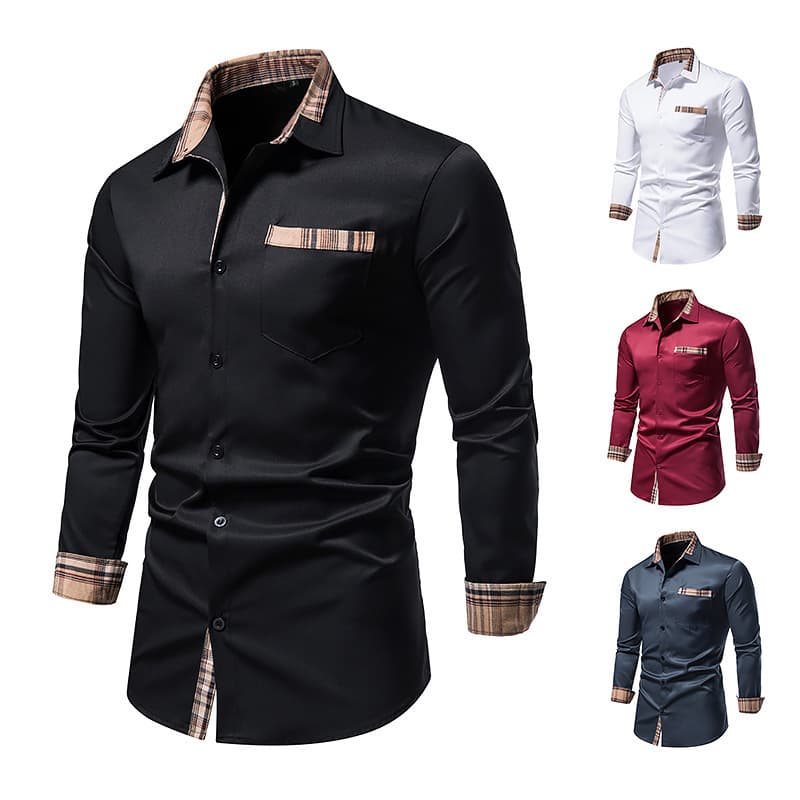 Autumn new men's color-blocked casual long-sleeved formal shirt men's slim-fit plaid collar button-down shirt