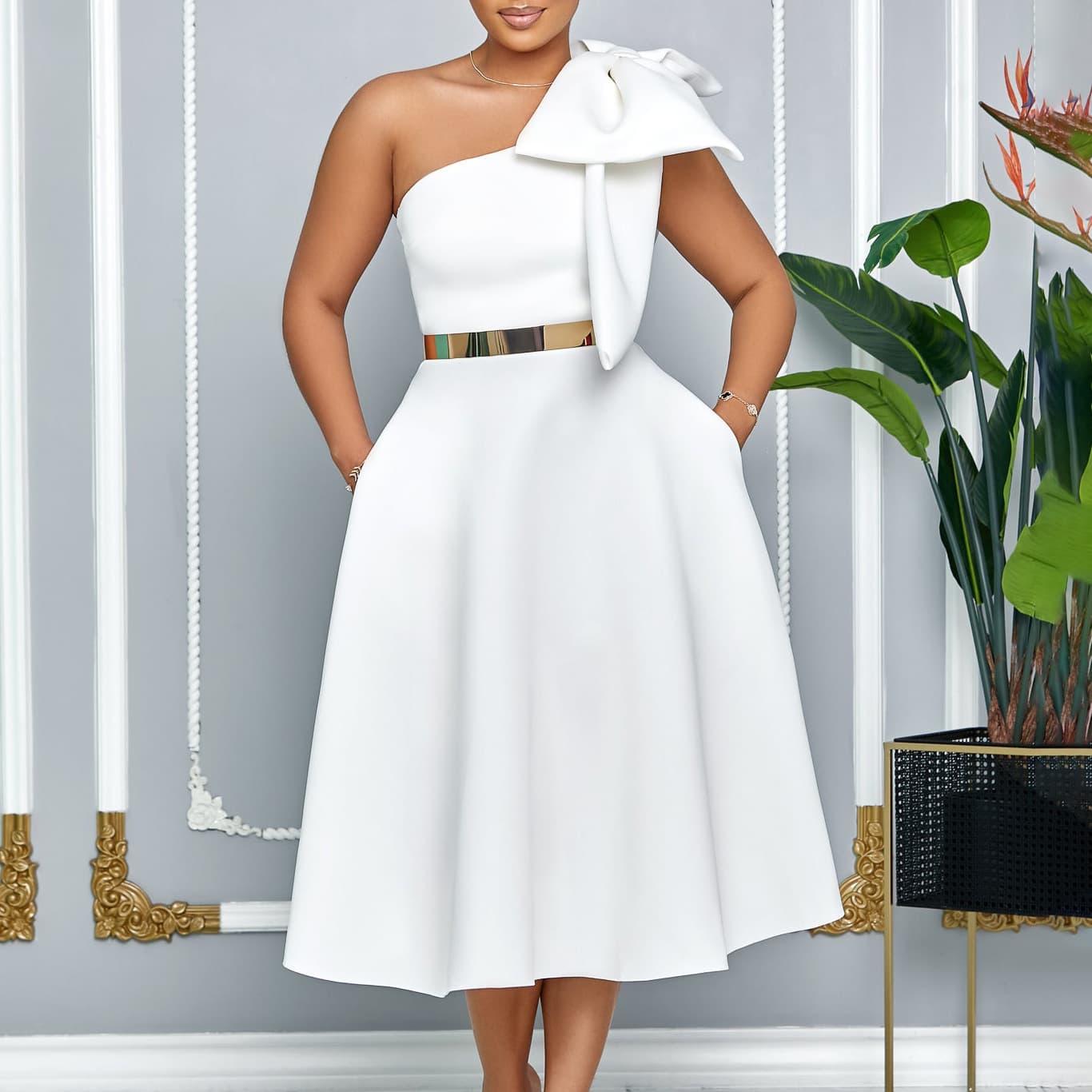 plus size women's summer new fashion oblique shoulder bow party dress big swing African dress