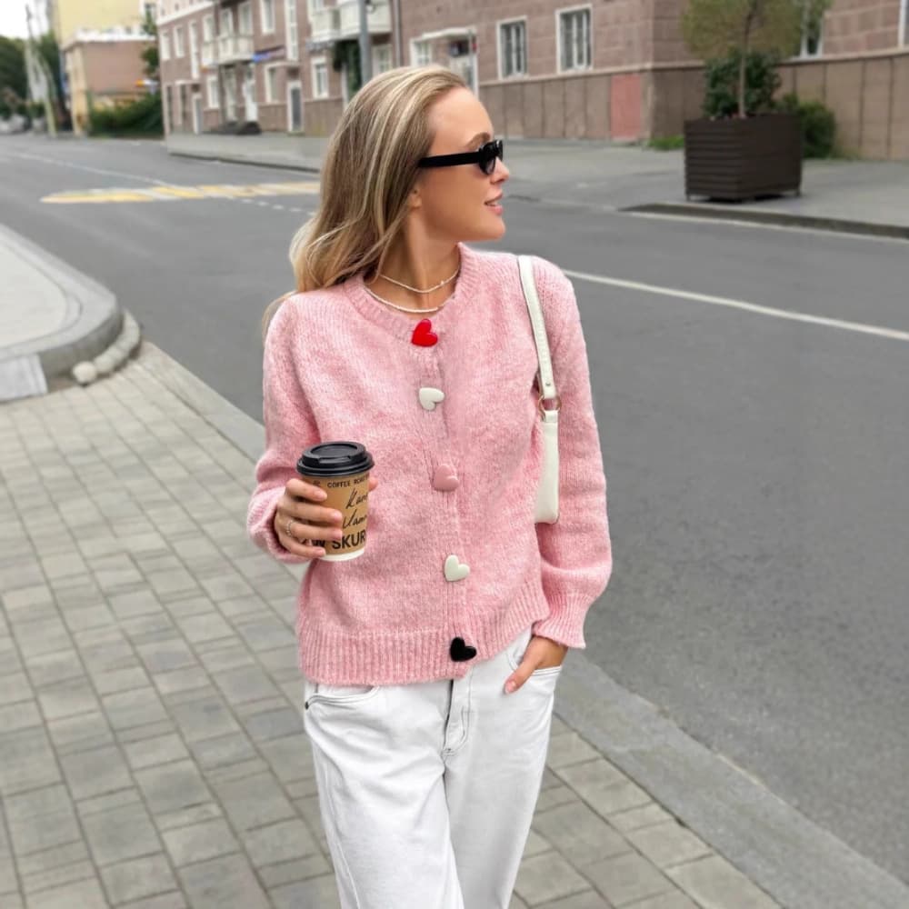 Women's Oversized Knit Cardigan With Heart Buttons - Soft & Cozy Casual Sweater For Autumn & Winter Fashion Trends