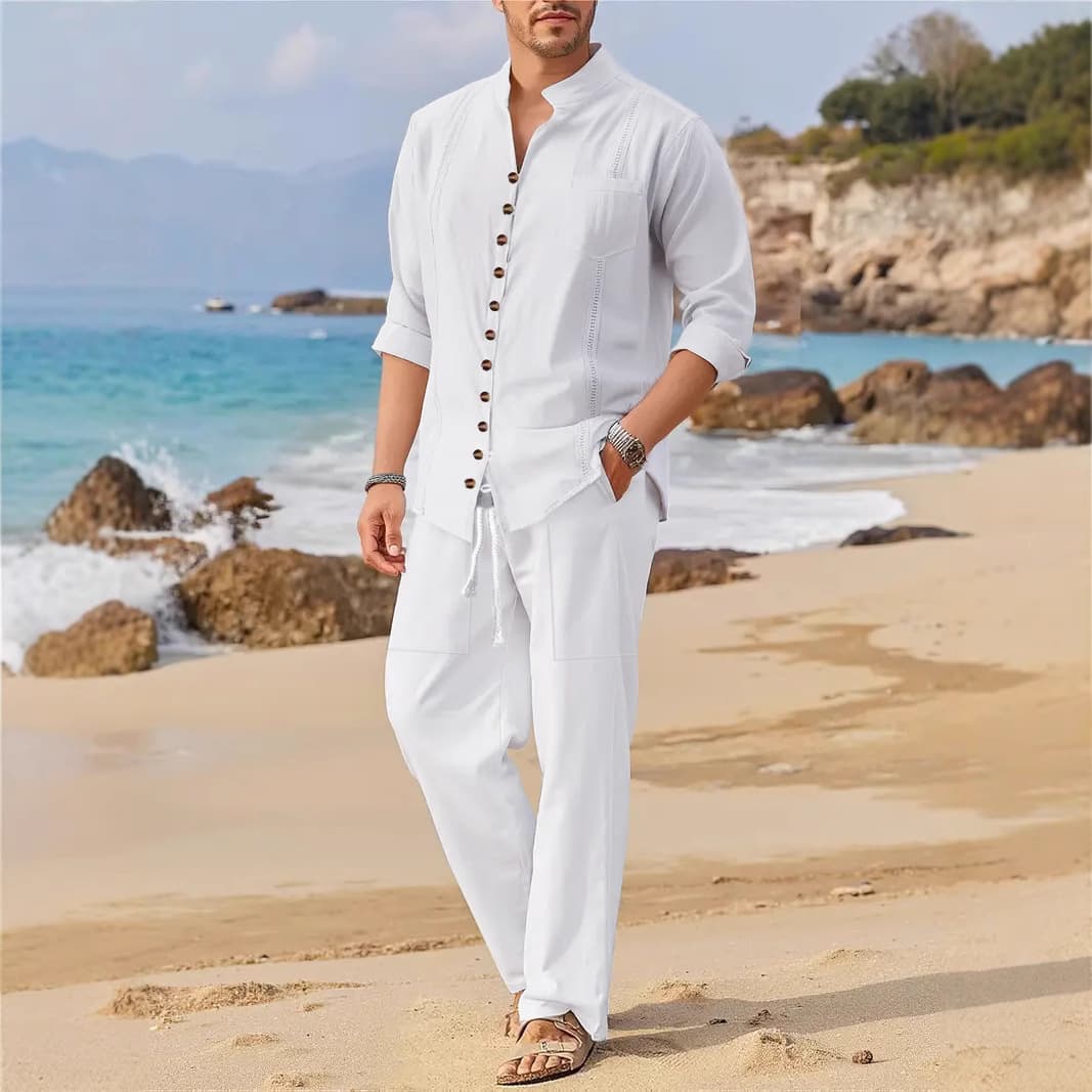 Men's Clothing Spring And Autumn Men's Shirts Casual Loose Long Sleeved Trousers Beach Suit