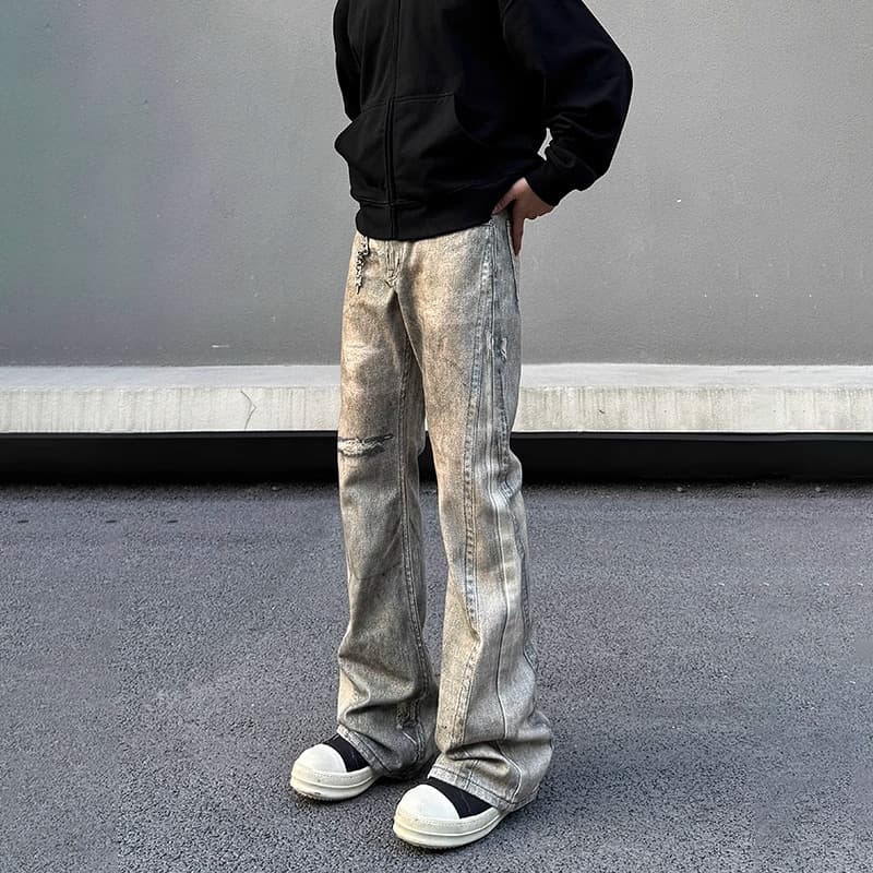 ​Dirty Fit Distressed Jeans - Men's Streetwear Digital Print Flared Pants (S-XXXL, Retro Washed Yellow Mud Color)​