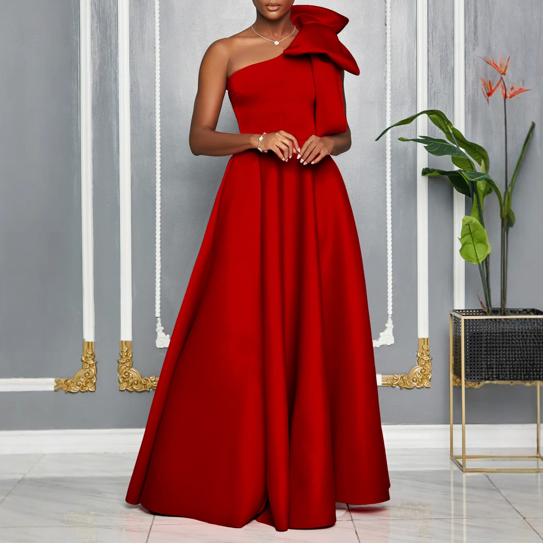 Women's Clothing New Oblique Shoulder Big Bow Sexy Long Dress