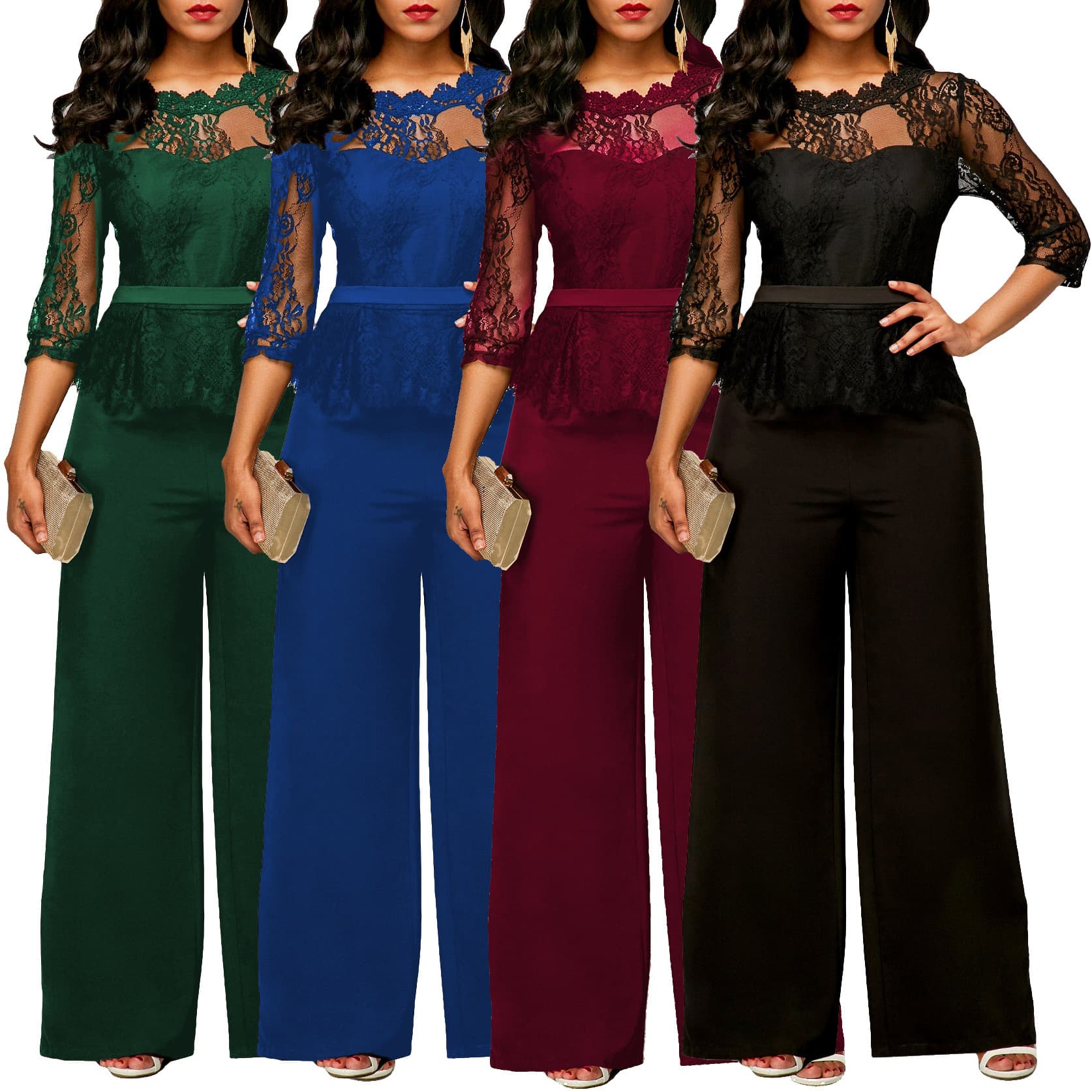 "Elegant Lace Jumpsuit For Women - Sexy Party Wear, Breathable & Comfortable, S-5XL (Red, Green, Black, Bluish)"
