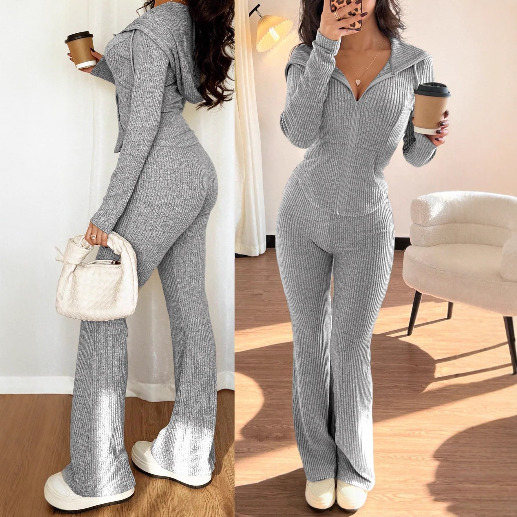 ​​Women's Slim-Fit Zip-Up Tracksuit Set - Stretchy Lounge Pants & Long Sleeve Top - Elegant Casual Outfit (S-Xl) - Soft Brushed Polyester​​