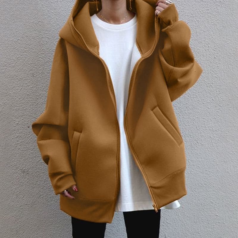Women's Clothing autumn and winter new style personalized street sweatshirt zipper loose hooded long velvet sweatshirt casual