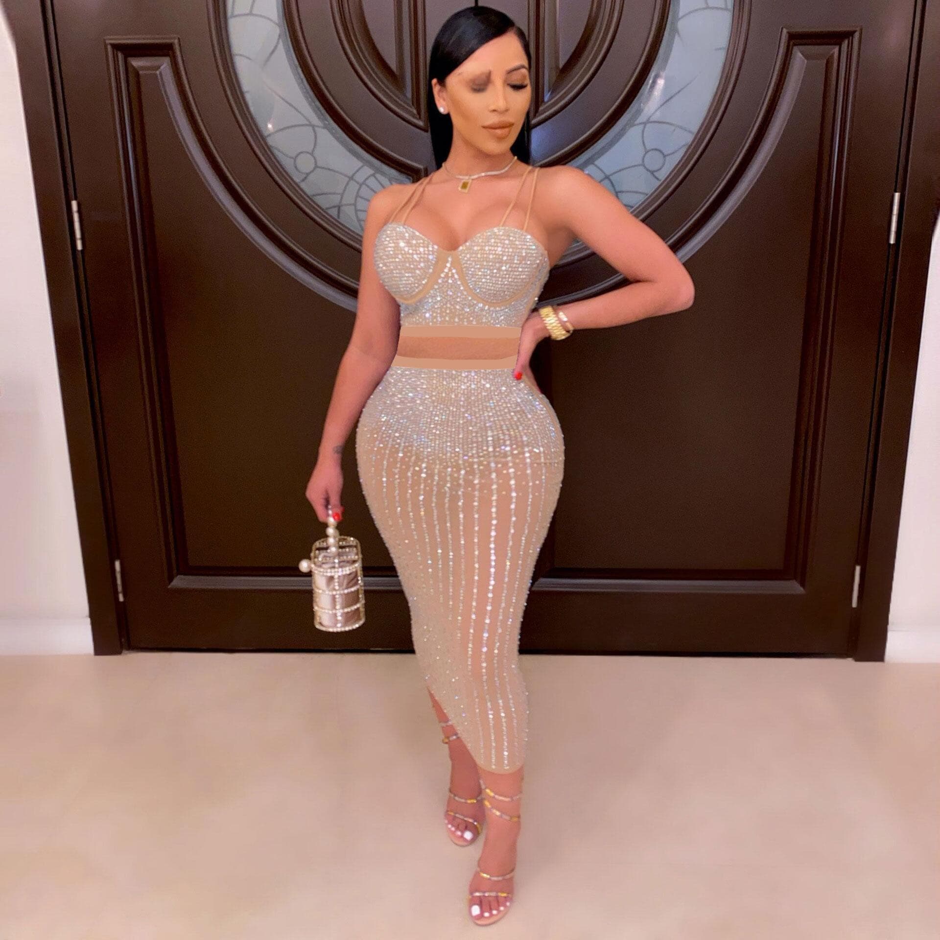 Women’s Clothing Diamond-encrusted chest strap rhinestone two-piece two-color night suit