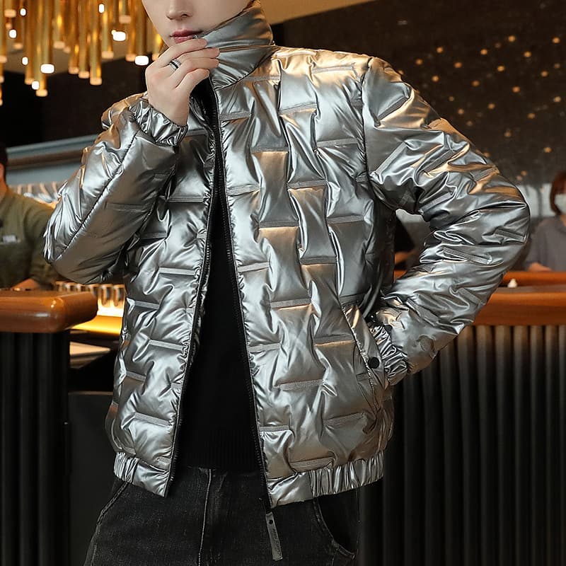 Men’s Shiny Stand Collar Padded Jacket – Korean Streetwear Winter Coat With Thickened Insulation & Ribbed Hem (7 Sizes, Black/Silver)