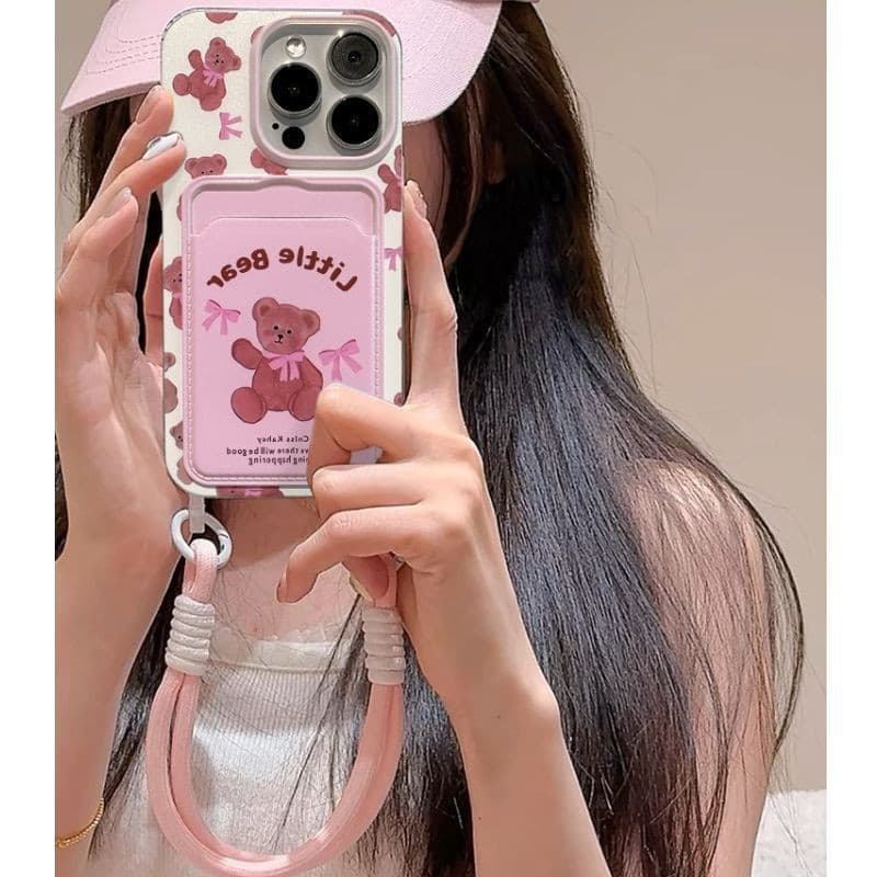 TechGlobe Ins Bowknot Bear Pink Card Holder Compatible With 16 Pro Max IPhone 15 Shockproof Phone Case