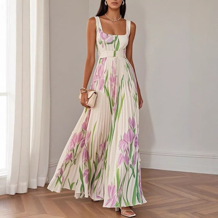 Pleated Print Dress For Women New Trendy Spring/Summer Regular Fit Adult