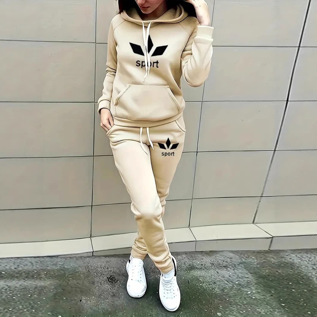 "Women's Fleece-Lined Hoodie & Sweatpants Set – Cozy Printed Two-Piece Outfit For Fall & Winter (S-XXL, 3 Colors)"