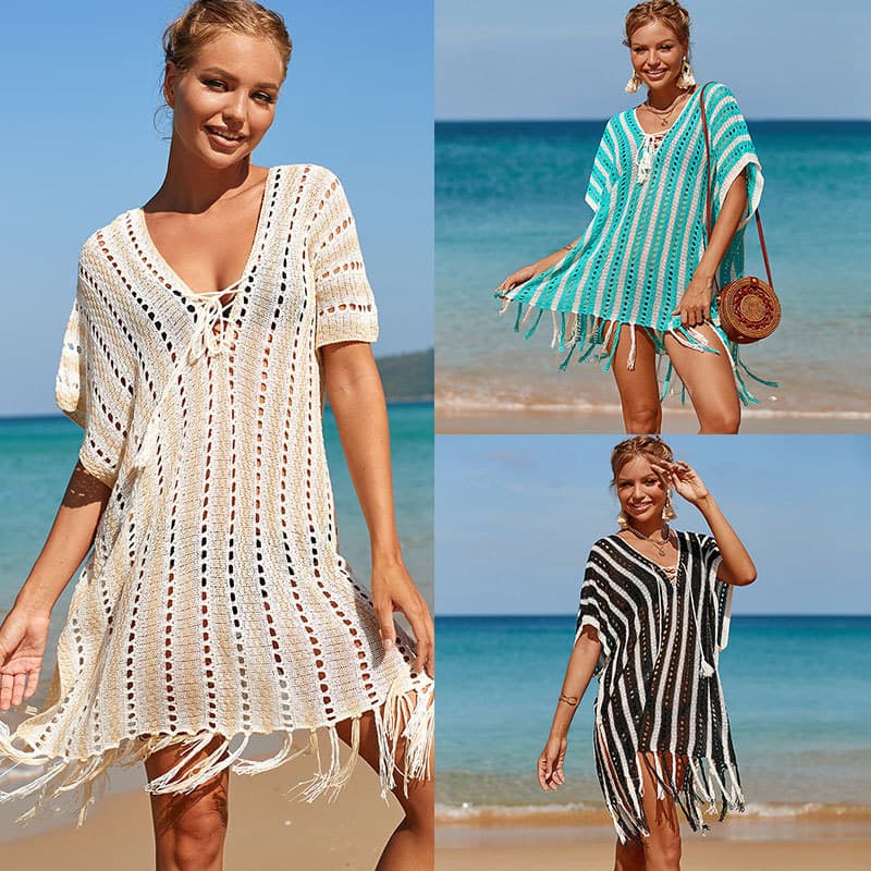 Women's Clothing Beige & White Tie-Dye Beach Cover Up, Bikini Wrap, Swimwear Cover, Sun Protection Shirt For Women, Lightweight Summer Vacation Outfit