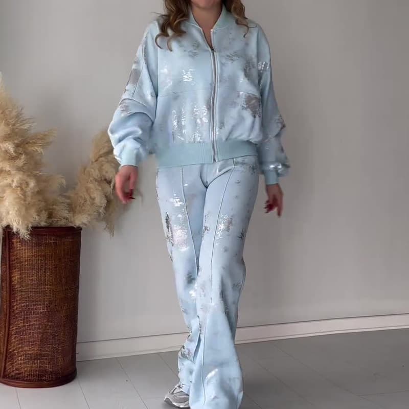 Women's Clothing summer new fashion sequin printed zipper casual sweatshirt two-piece set