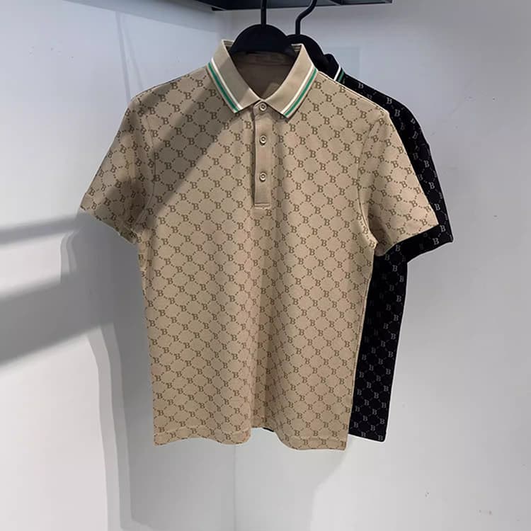 Men's Clothing Short Sleeved Polo Shirt Trendy Striped Plaid Letter Printing Casual T Shirt