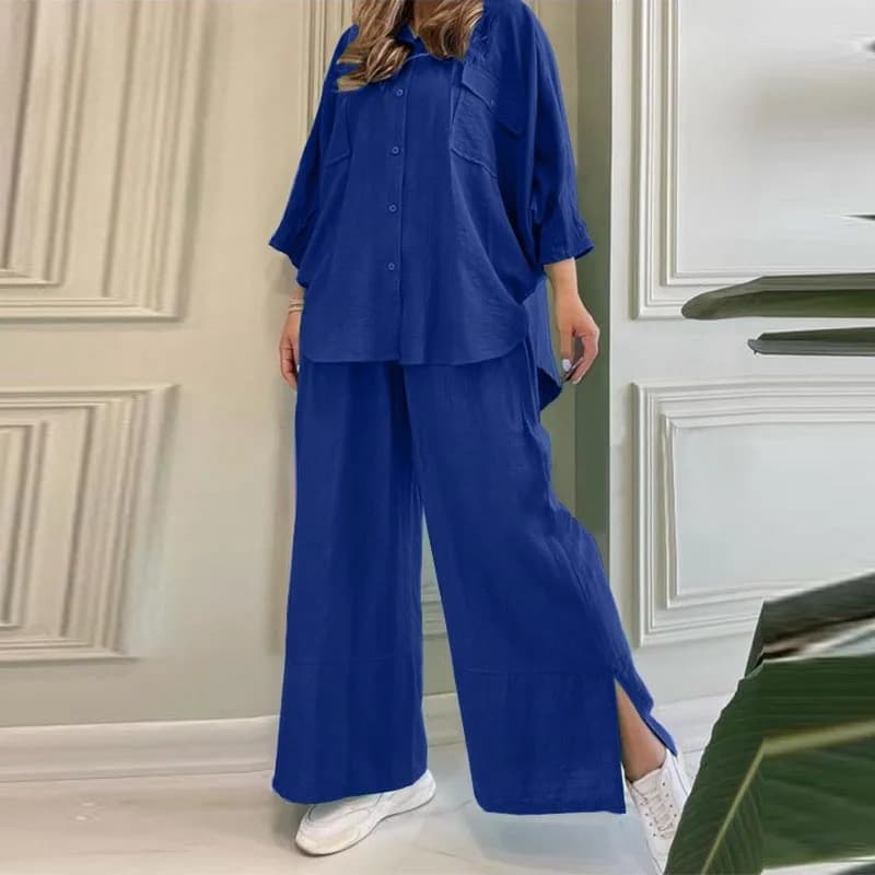 Women's Clothing women's fashion casual loose solid color cotton and linen shirt long sleeved pants suit two piece set