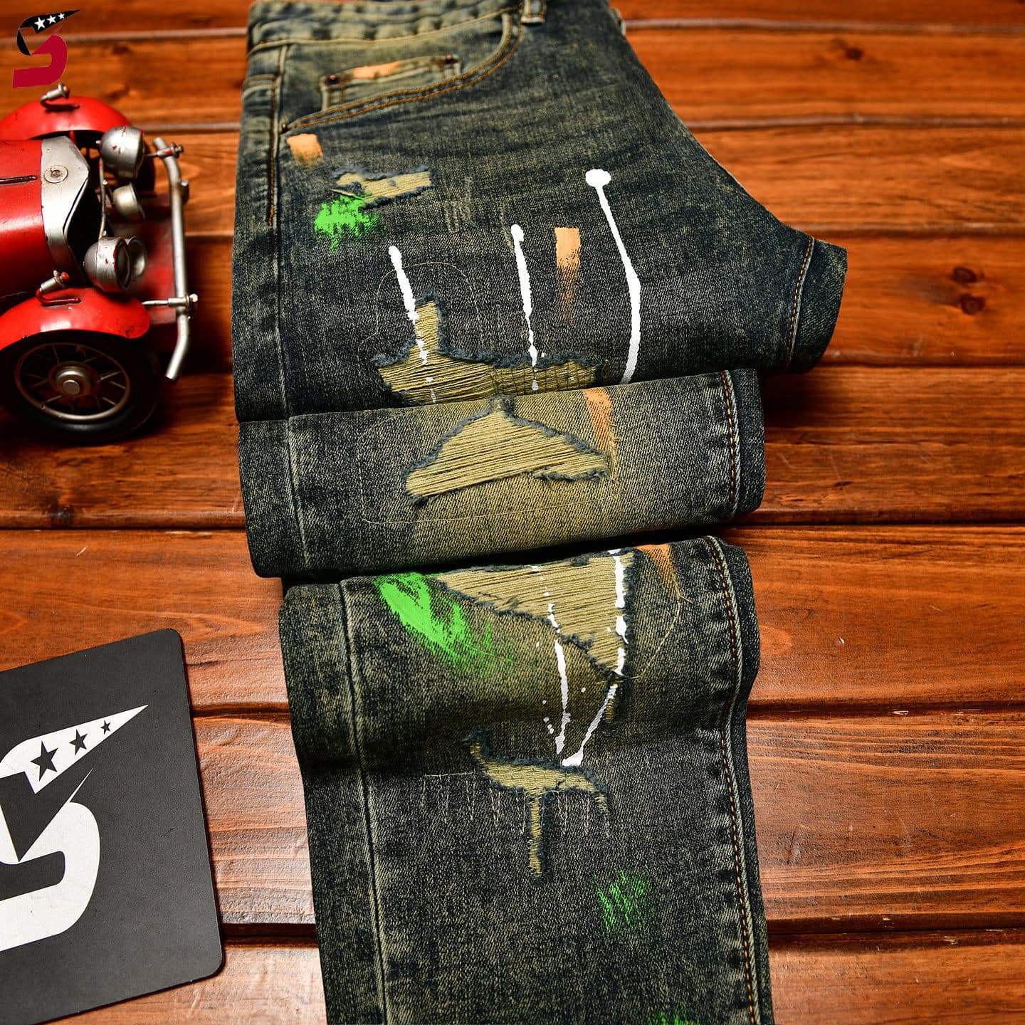 Men's Distressed Patchwork Jeans - Spray Paint Slim Fit Stretch Denim Pants (28-38, 2 Styles)​
