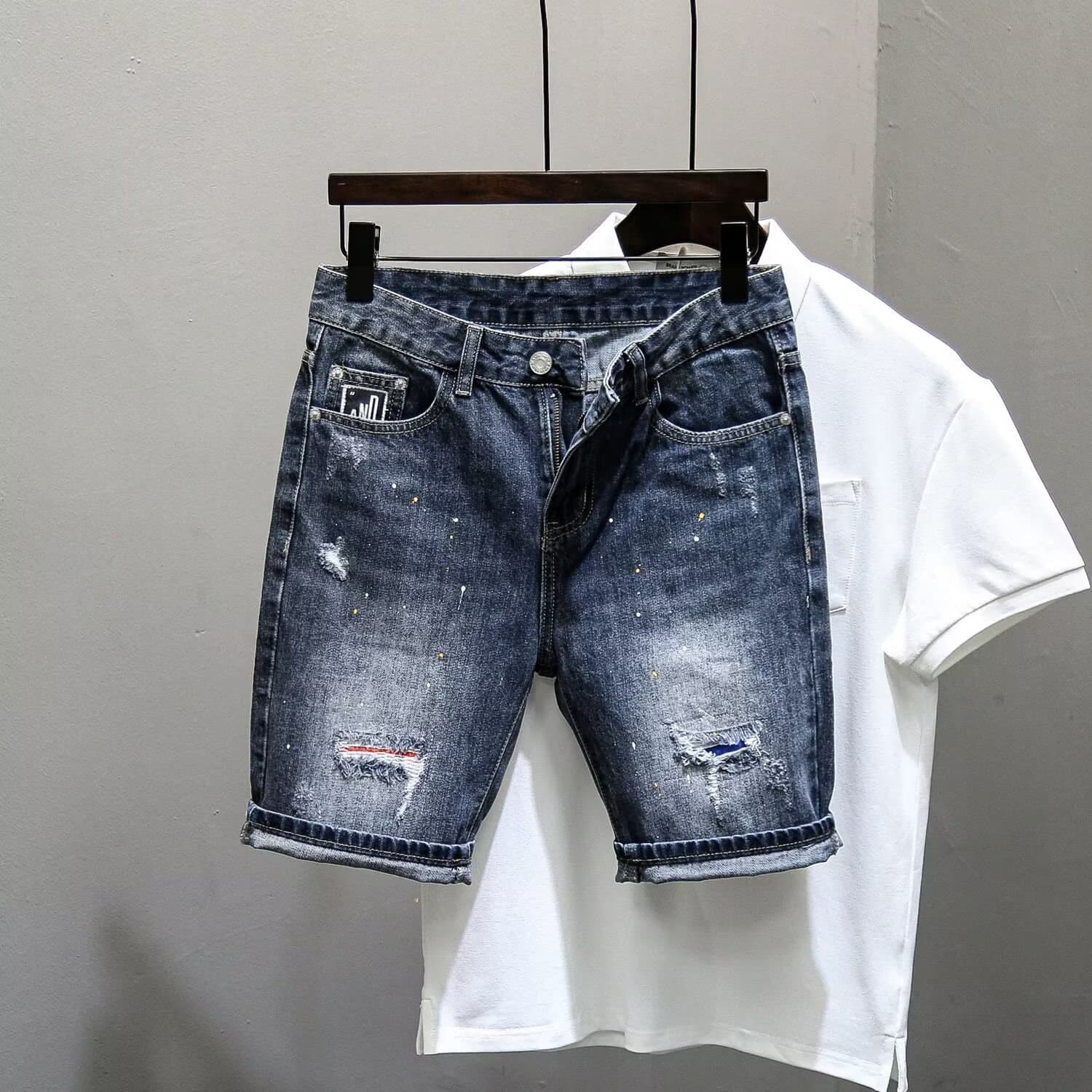 Men's Summer Denim Shorts Korean Style Trendy Slim Fit Skinny Ripped Washed All Match Five Point Pants