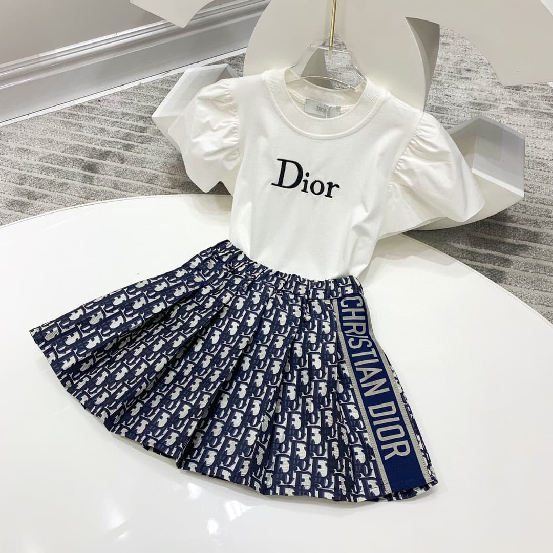 Ensemble d'été pour enfants : jupe imprimée à rayures latérales et taille élastique, en coton doux et respirant, manches bouffantes à manches
