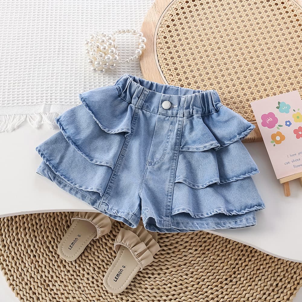 Mother&Kids Baby girls wear denim shorts thin cake-lace culottes