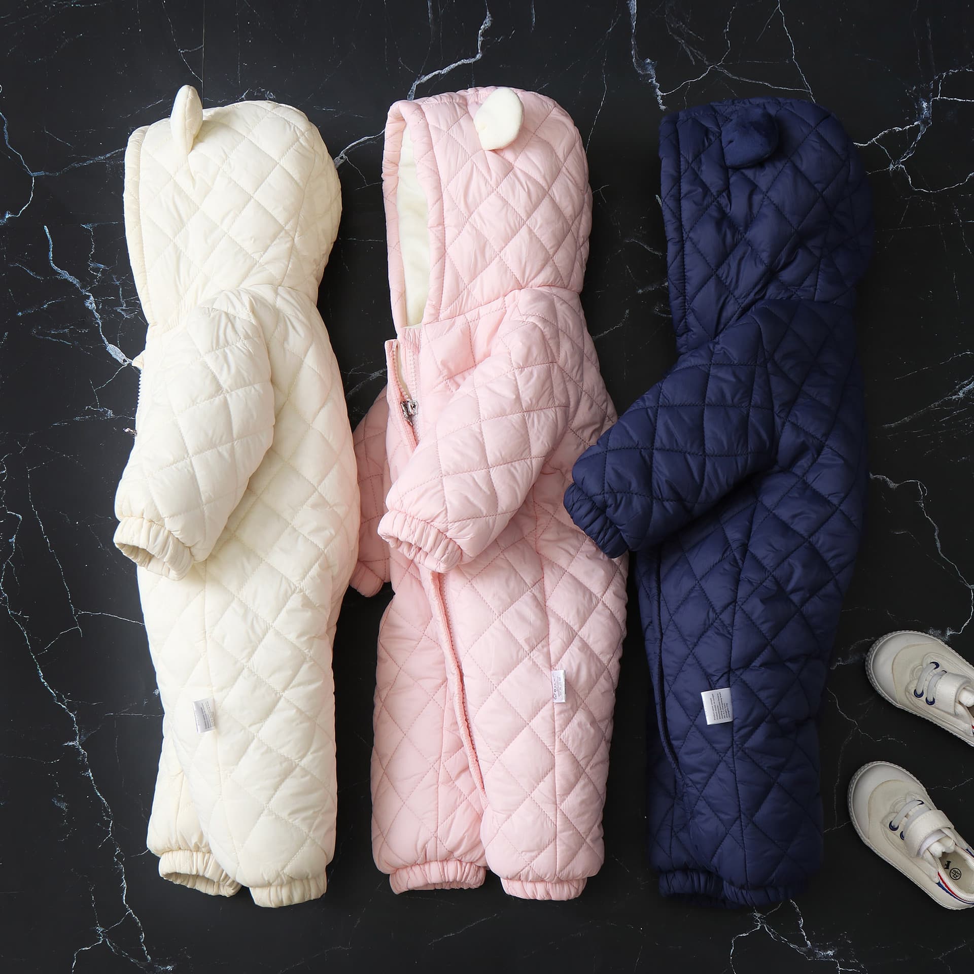 Cozy Fleece-Lined Hooded Baby Jumpsuit With Adorable Ear Design - Winter Warm One-Piece Romper For Toddlers (1-3 Years, 80-100cm) - Soft Polyester