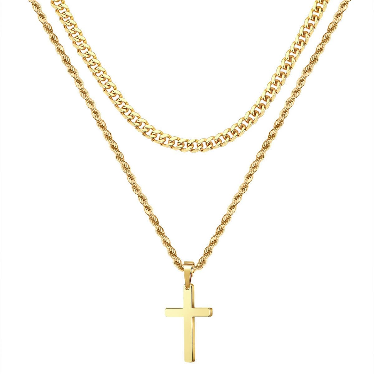 Hot Selling Gold Cross Stainless Steel Necklace Men's Personality Hip Hop Double Layer Stacking Chain