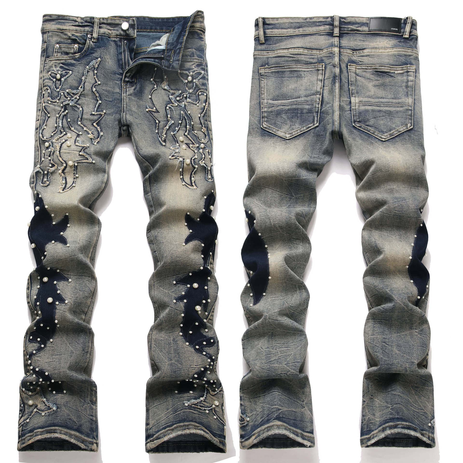 Men's Clothing Men's Stretch Flared Denim Jeans With Rhinestone & Embroidery - High Street Blue Disco Nightclub Skinny Jeans For Youth Fashion