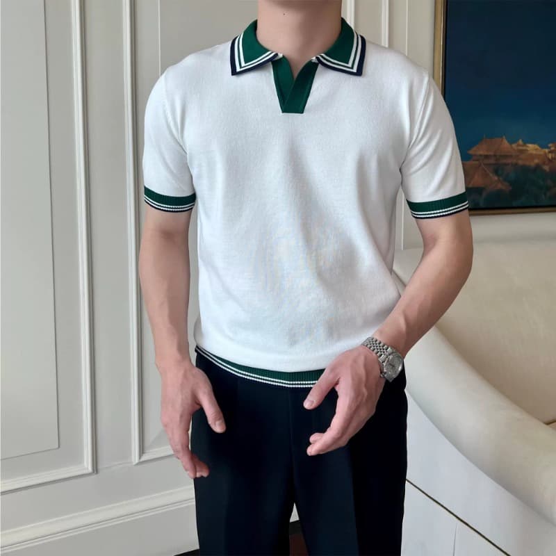 Men's Clothing Summer Men's Knitted Short Sleeved Polo Shirt Korean Slim Color Matching Ice Silk Casual Lapel Half Sleeved T Shirt Bottoming Shirt