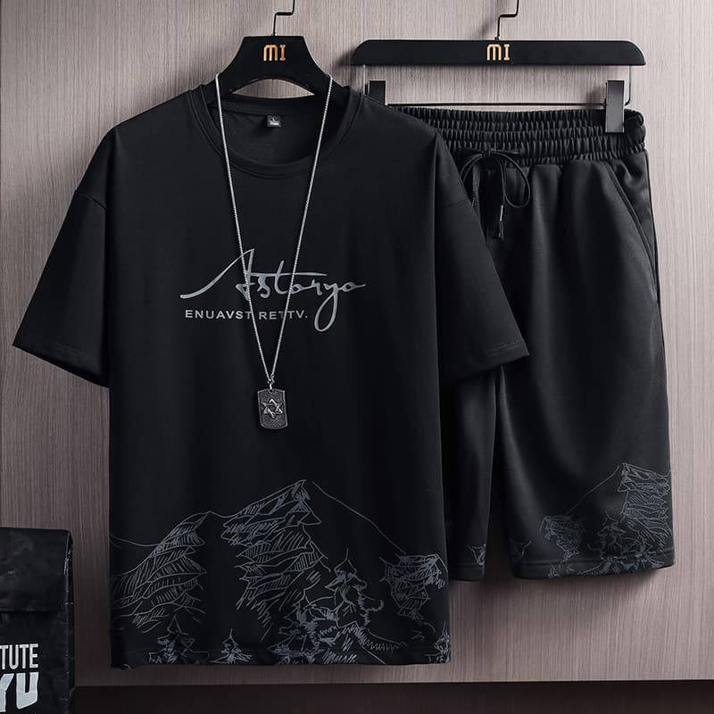 Men's Short-Sleeved T-Shirt Suit Snow Mountain Print Slim Fit Large Size Sports Two-Piece Set