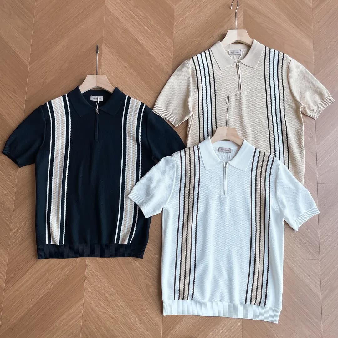 Men's Clothing Contrast Striped Ice Knitted Short Sleeved Polo Shirt Summer New Shirt Collar Design Slim Fit Half Sleeved T Shirt