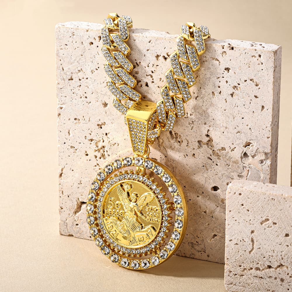 Hip Hop Spinning Angel Pendant Necklace For Men & Women - 18" Cuban Chain With Rotating Religious Charm & Rhinestone Details (Gold)
