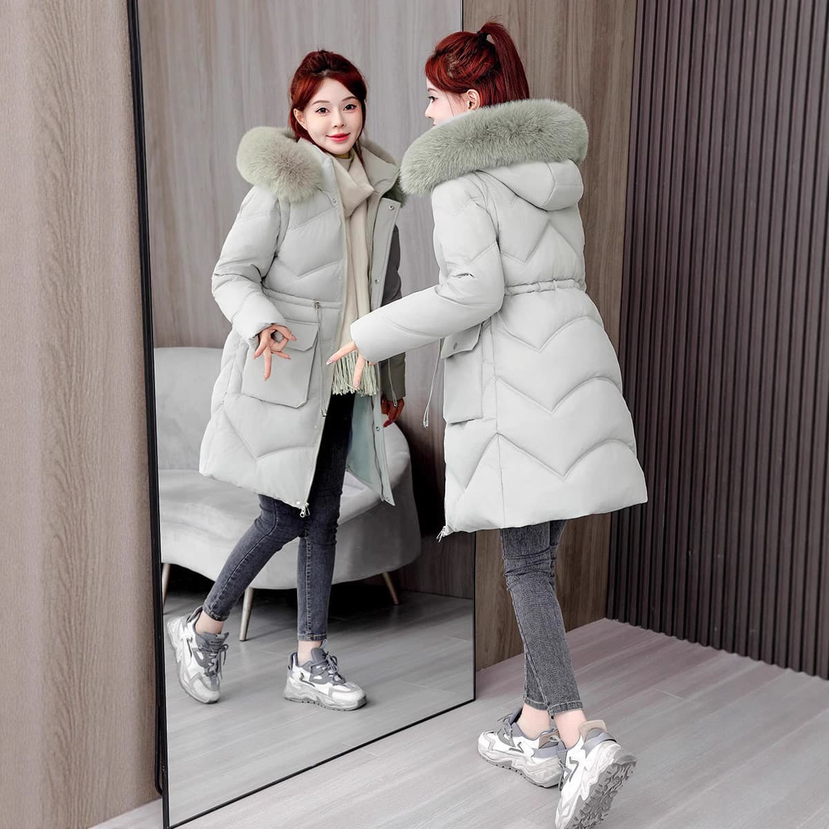 Women's Clothing Women's Detachable Sleeve Parka Coat With Faux Fur Hood, Winter Warm Longline Quilted Jacket In Khaki, Black, Cream & Blue-Grey