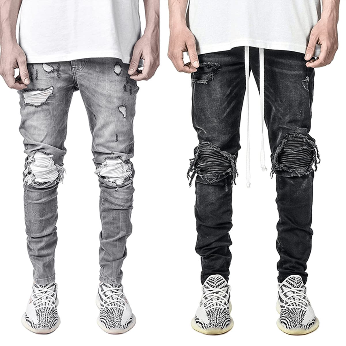 Men's Clothing Stretch Denim Small Leg Pants Motorcycle Ripped Black Jeans