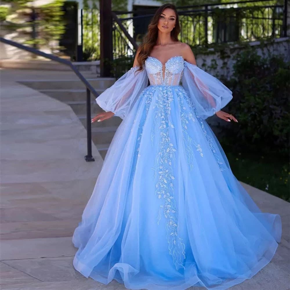 Women's Transparent Sleeve Tube Top Princess Dress Lace Applique Bridal Evening Dress