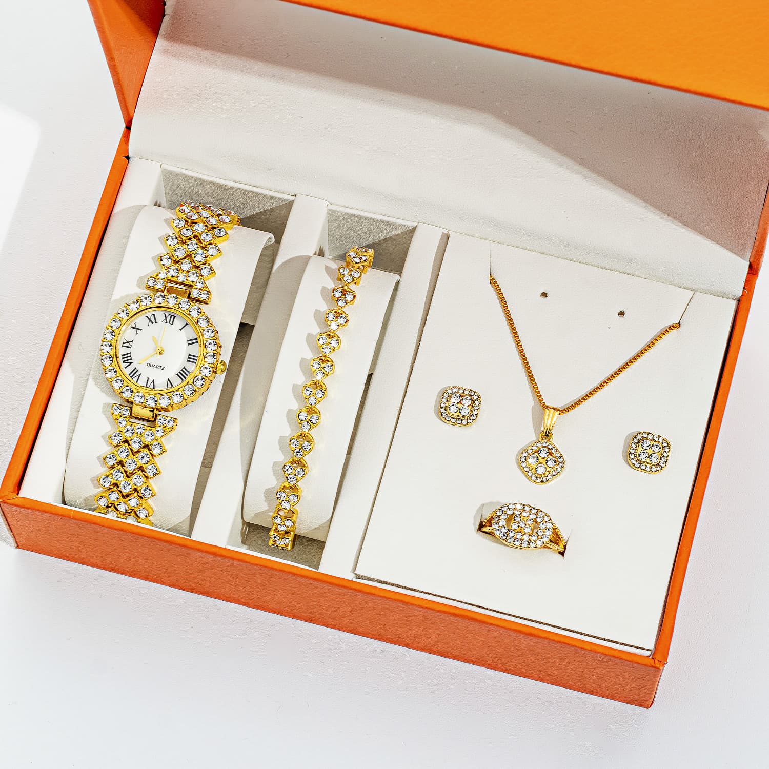 New Ladies Diamond Temperament Jewelry Watch Full Diamond Square 4-piece Digital Watch Necklace Accessories Suit