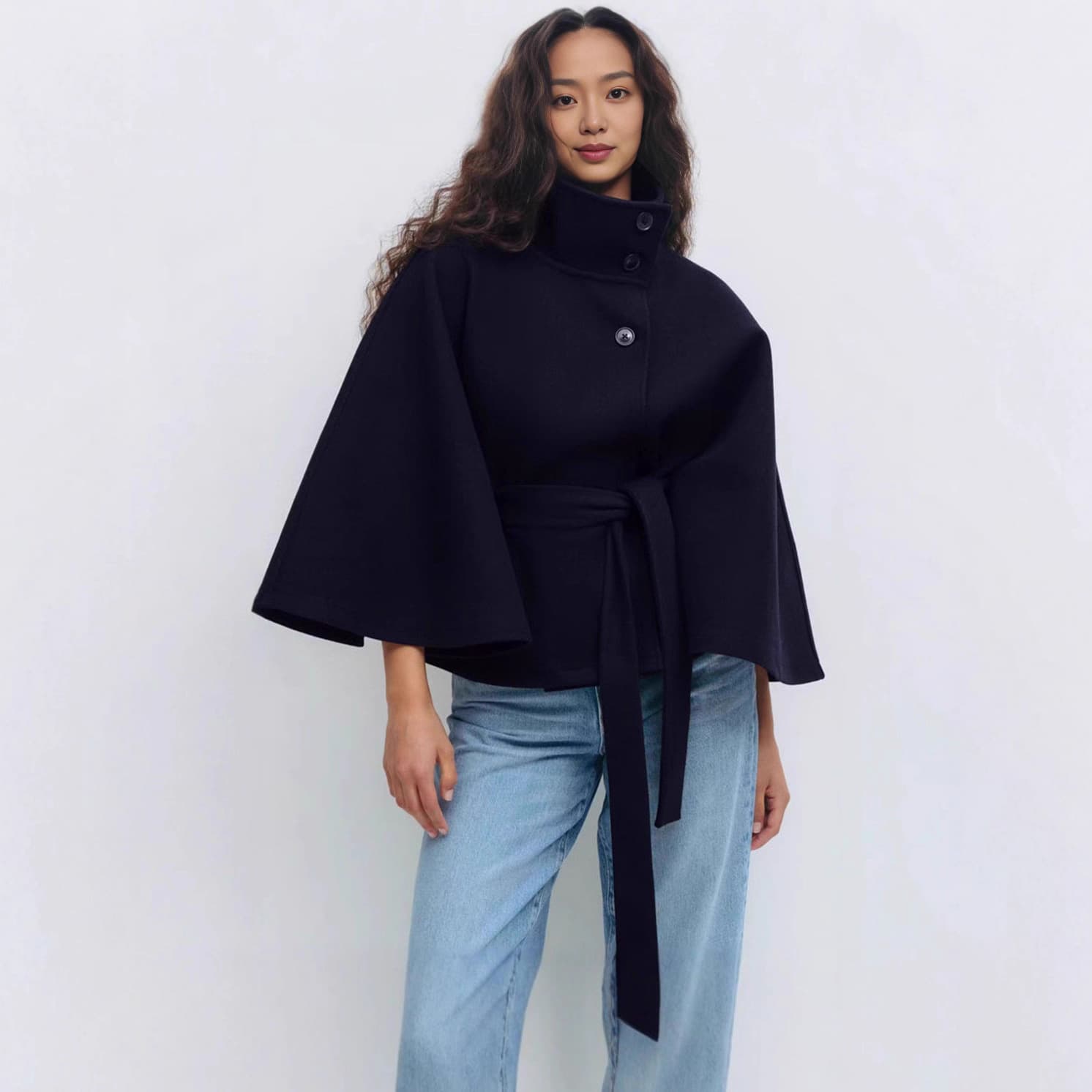​​Elegant High-Neck Belted Wool Coat For Women - Slim Fit, Pure Color, Versatile Outerwear For Fall & Winter​​