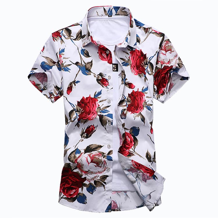 New plus size satin flower short sleeved for men's casual beach shirt