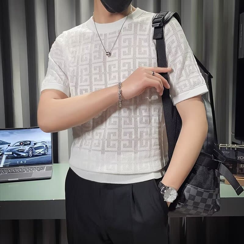 Men's Clothing 2024 summer new knitted short sleeved men's hollow ice silk t shirt thin youth slim round neck bottoming top