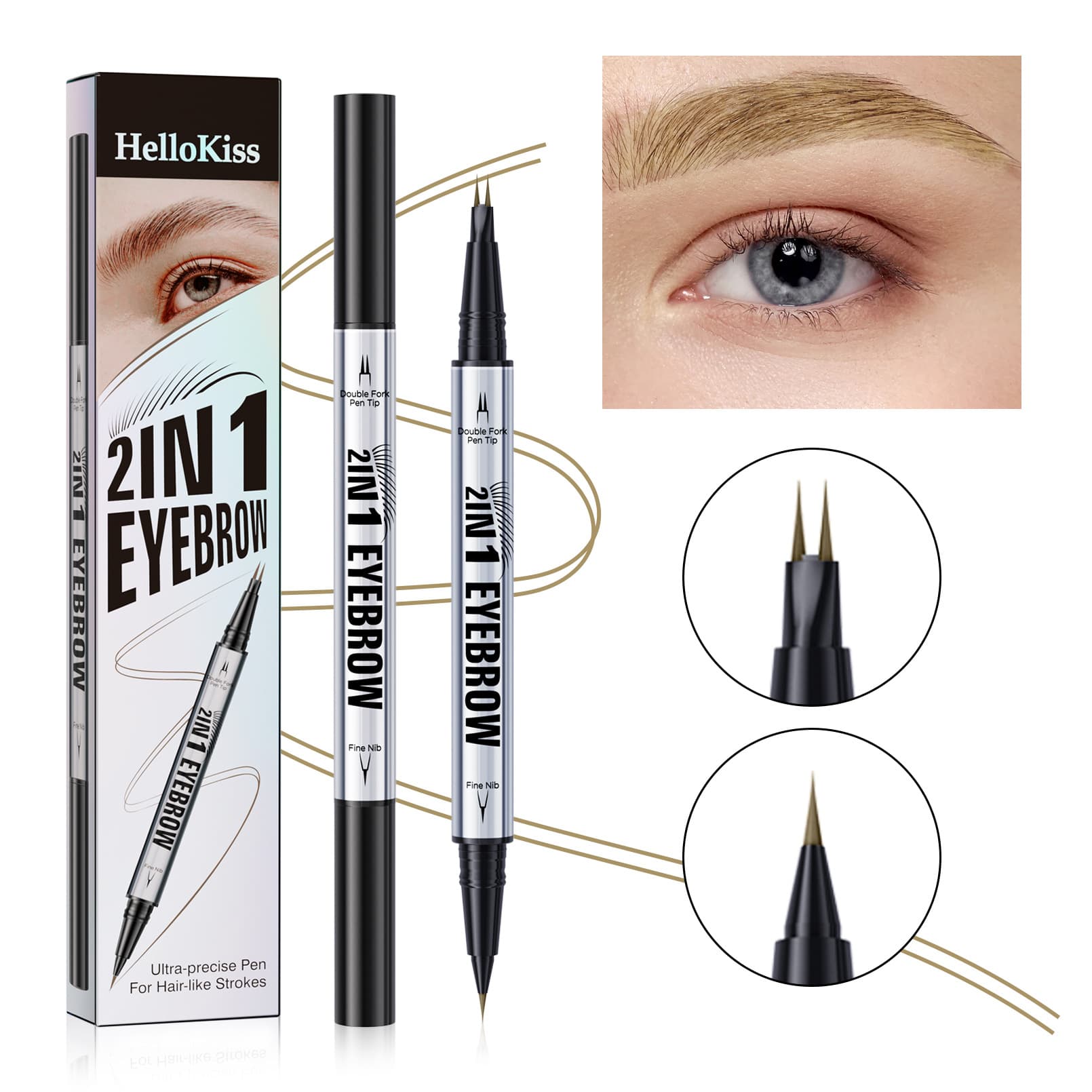 HelloKiss Natural Slim Brush Cross Waterproof And Sweatproof 2-in-1 Liquid Double Head Eyebrow Pen
