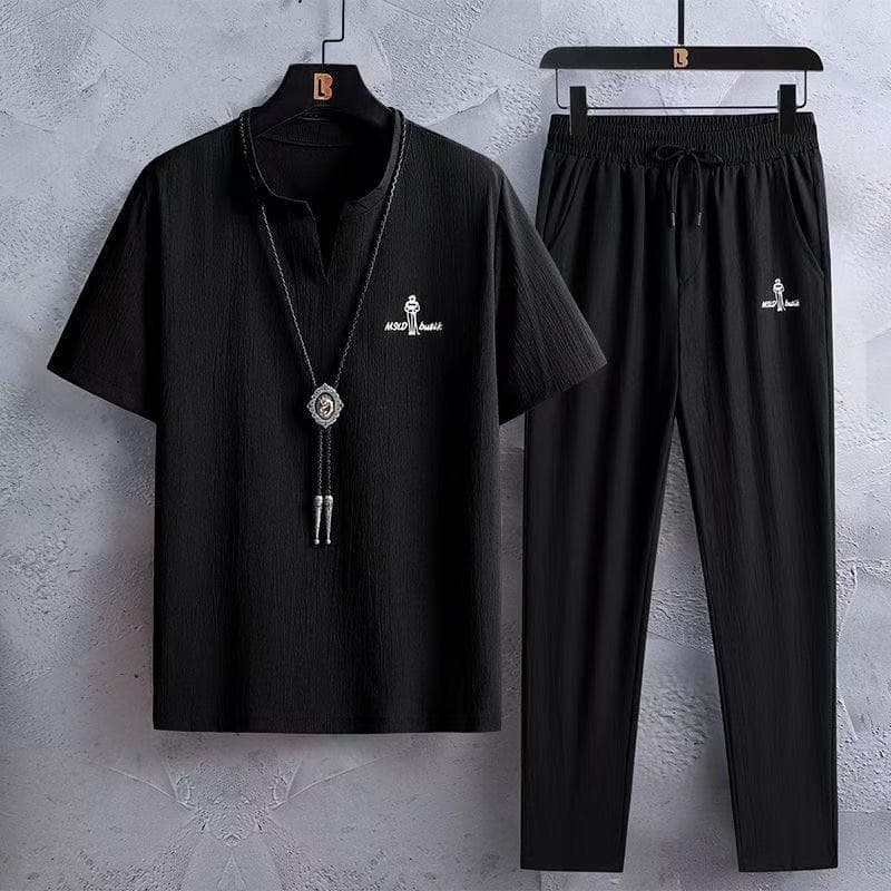 Men's Clothing Short Sleeved Ice Silk Linen Suit Men's Summer Large Size Loose Mid Sleeve T Shirt Cotton And Linen Dad Two Piece Suit