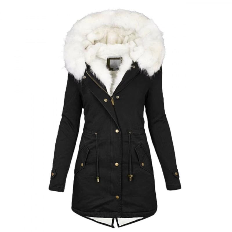 Women's Clothing Winter Coat With Faux Fur Hood, Slim Fit Waist, Warm Mid-Length Jacket For Casual Wear