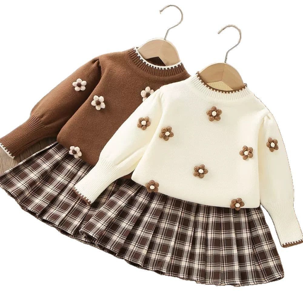 JINYONG New 2025 Girls Knitted Sweater Suit Skirt Baby Girl Round Neck Small Flower Plaid Skirt Suit