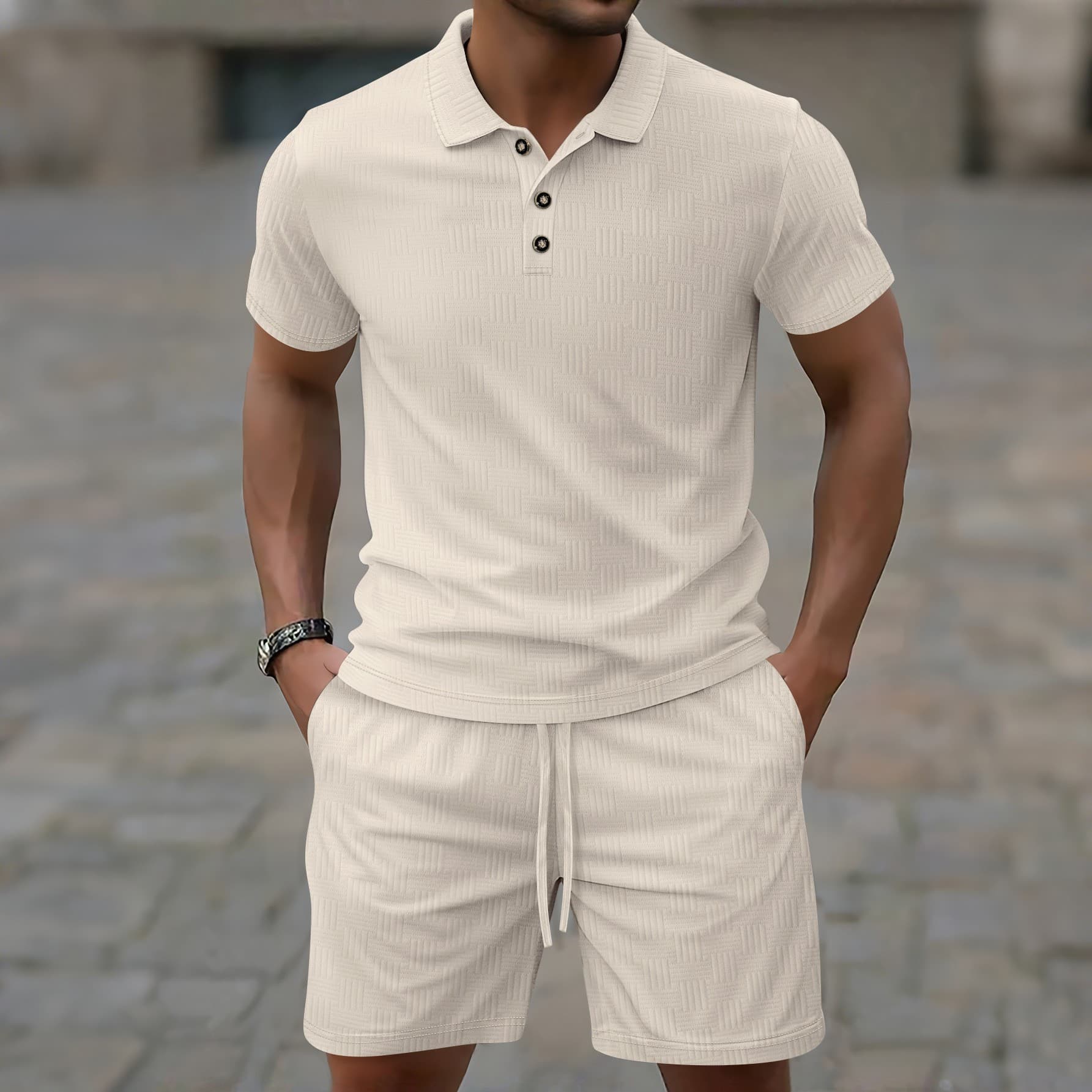 Summer New Jacquard Men's Casual Lapel Polo Shirt Short Sleeved Shorts Casual Suit