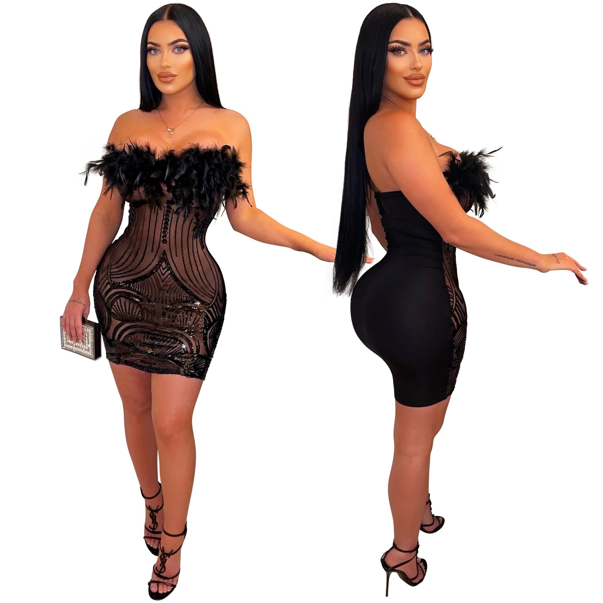 Women's Clothing sexy one-shoulder see-through sequin dress