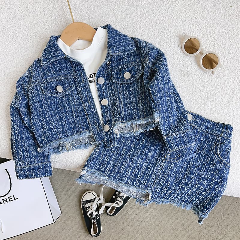Mother & Kids New Style College Style Long Sleeved Girls Hong Kong Style Xiaoxiang Style Denim Jacket Short Skirt Two Piece Suit