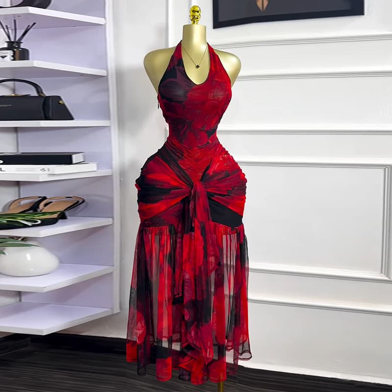 Women's Clothing Summer New Sweet And Fresh Printed Mesh Halter Neck High End Temperament Lace Up Dress Long Skirt