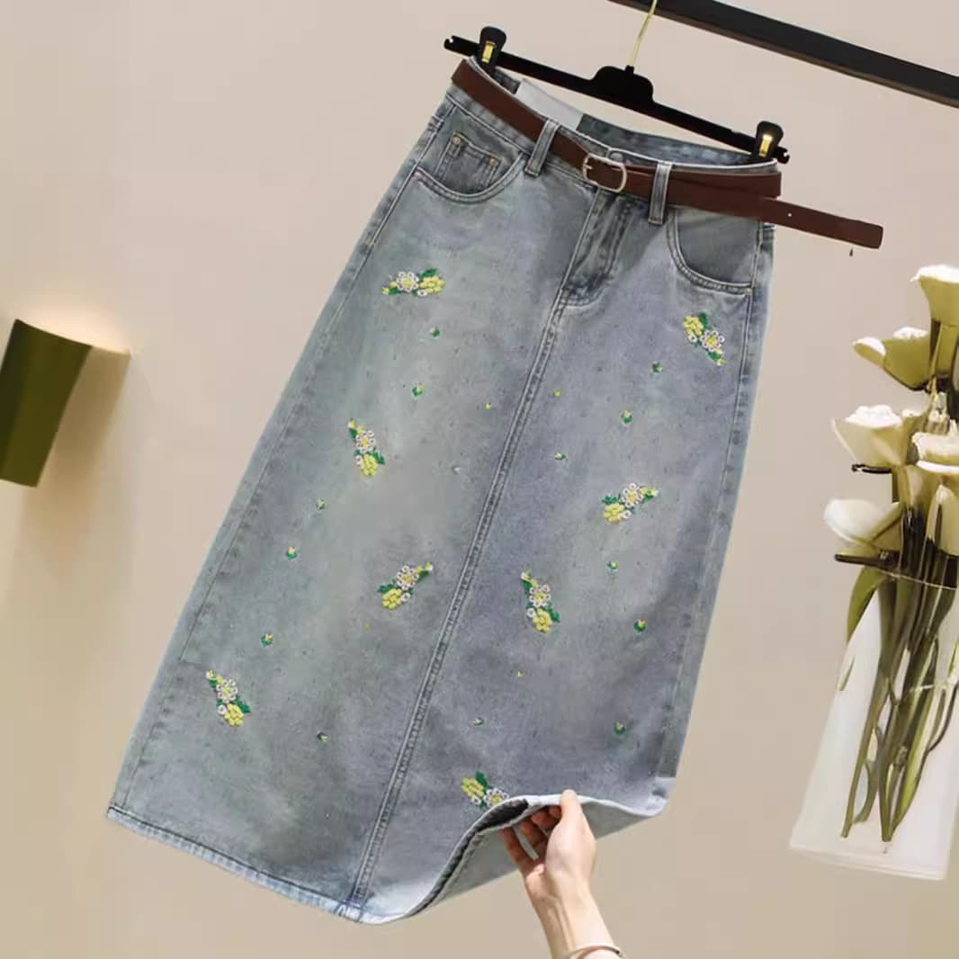 Embroidered Denim Midi Skirt With Rhinestones, High Waist A-Line Slimming Pencil Skirt With Side Slit, Elegant Casual Floral Design For Women