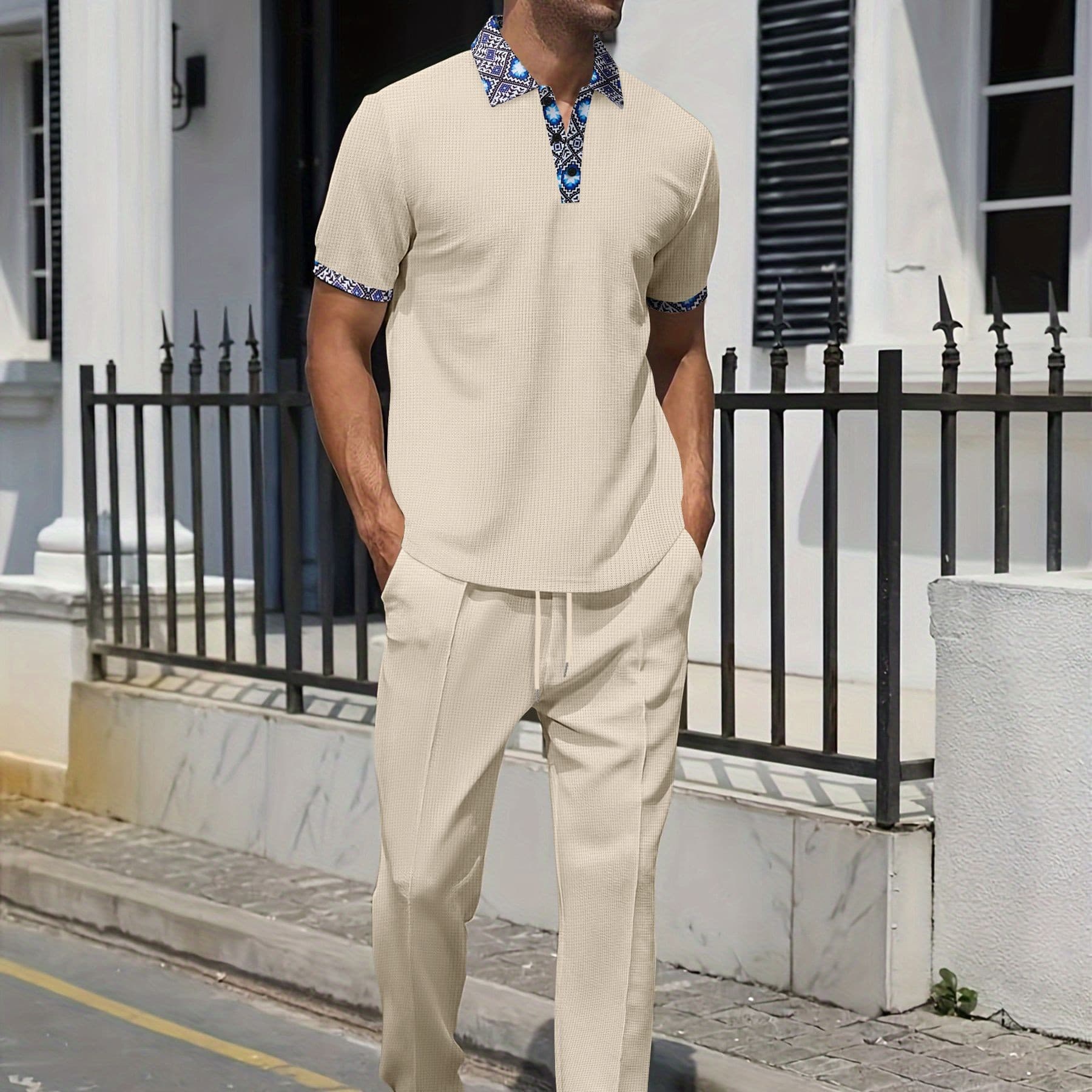 Men's Clothing Summer Two Piece Suit Waffle Print Collar Short Sleeved Trousers Casual Men's Suit
