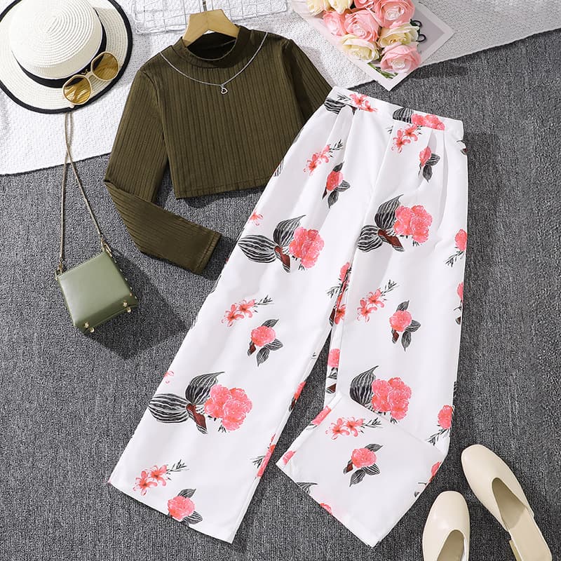New Fashion Trendy Casual Set 2024 Autumn Girls' Long Sleeve Top Printed Wide Leg Pants