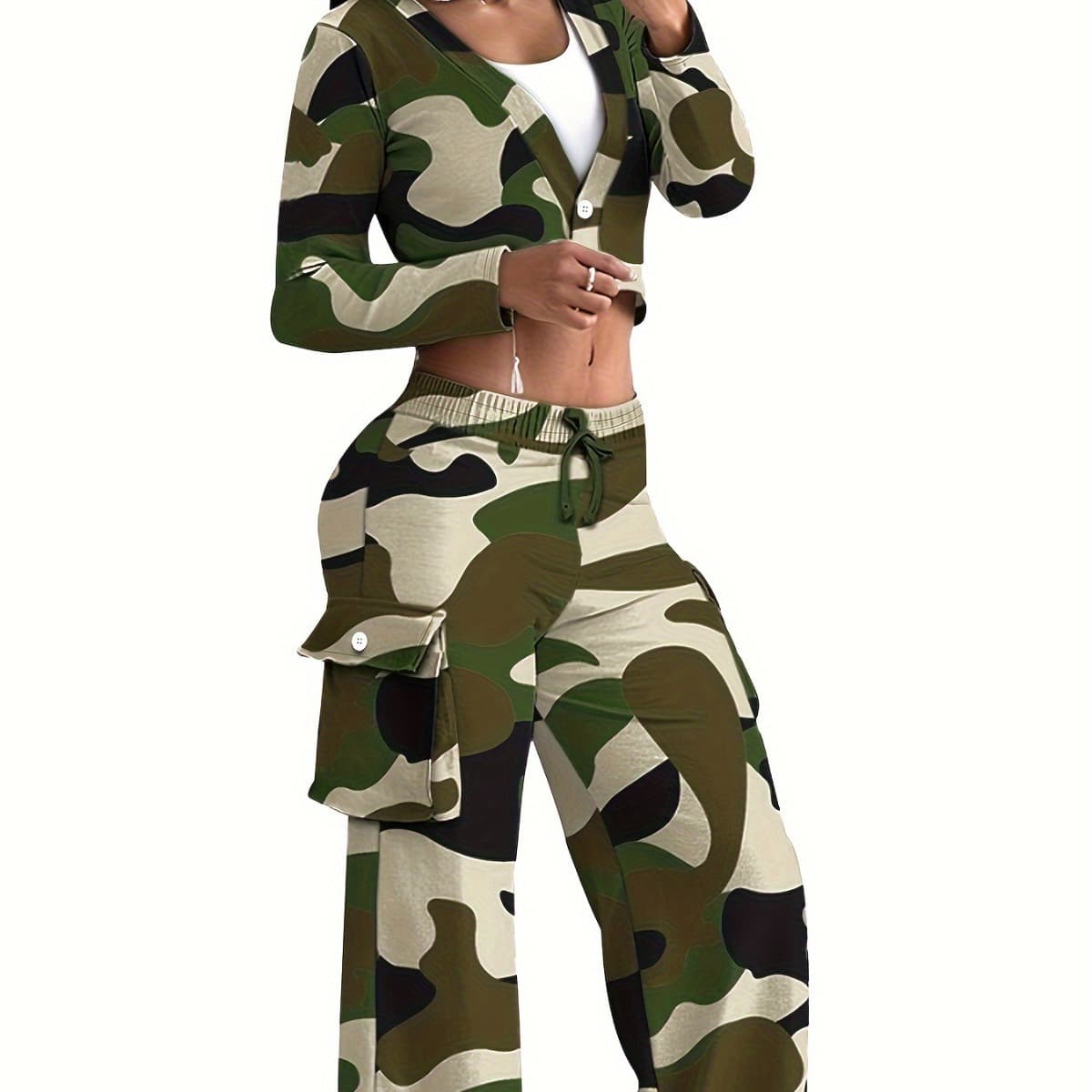 Women's Clothing fashion camouflage print casual sexy short tops casual pants suits