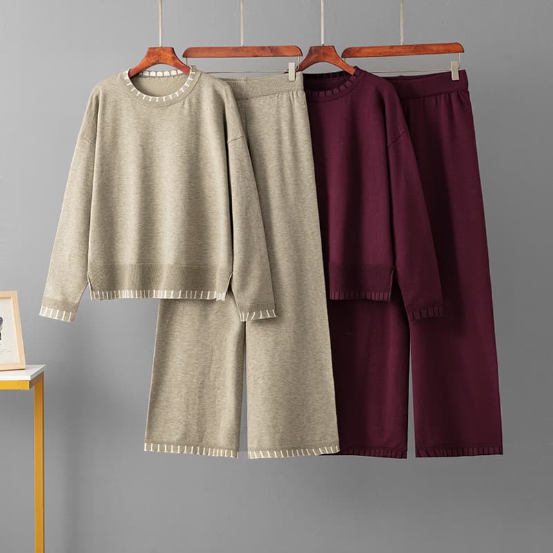 Ensemble deux pièces en tricot rayé – Pull à col roulé et pantalon ample pour femme, tenue décontractée et confortable