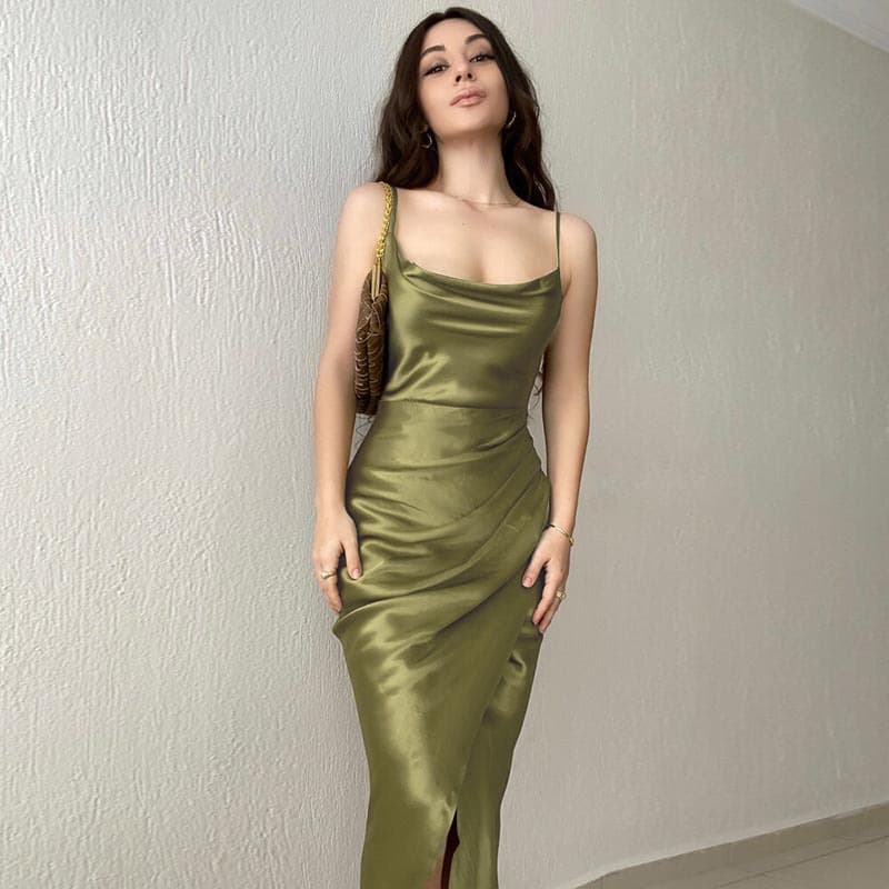 Women's Clothing Hot Girl Style Sexy Low Cut Satin Slit Suspender Dress New Slim Backless Long Skirt